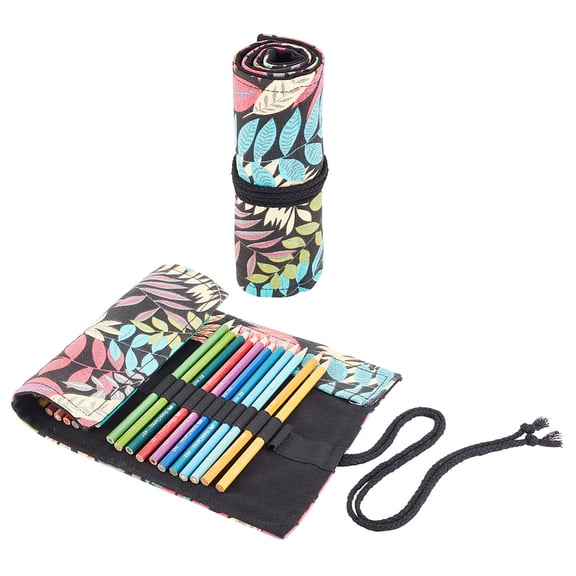 1set 2pcs 2 style Handmade Canvas Pencil Roll Wrap Multiuse Roll Up Pencil Case Pen Curtain for Coloring Pencil Holder Organizer Leaf Pattern 340~580x200x4mm 1pc/style