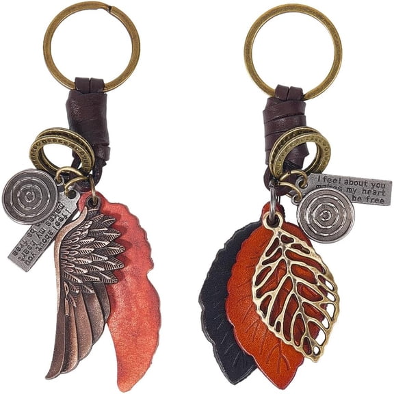 1set 2pcs 2 styles Alloy Leather Keychain Leaf Wing Mixed Shapes 125mm 1pc/style