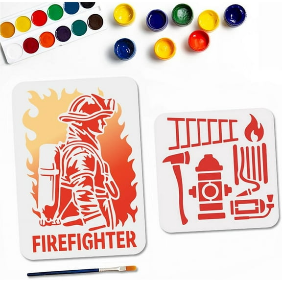 1set 2pcs 2 styles Firemen Theme PET Hollow Out Drawing Painting Stencils for Scrapbook Photo Album Mixed Shapes 200~297x200~210mm 1pc/style