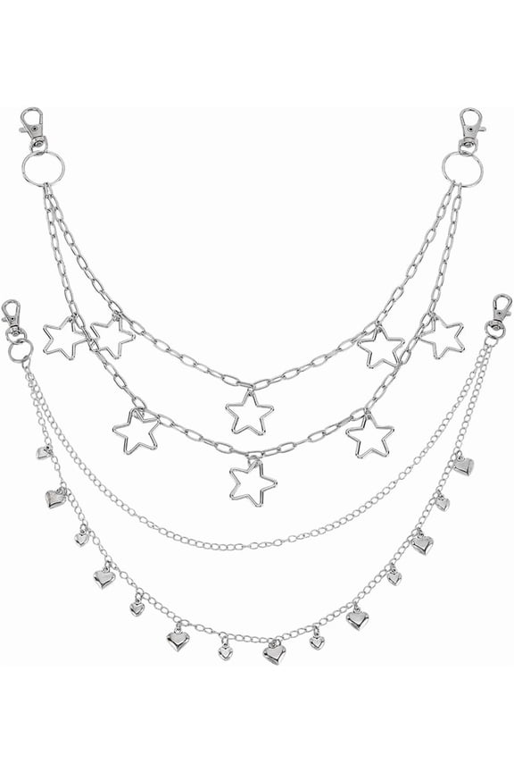 1set 2pcs 2 styles Heart Star Alloy & Iron Double Layer Chains for Jeans Pants with Brass Curb Chains Alloy and Swivel Lobster Claw Clasps 450~470mm 1pc/style