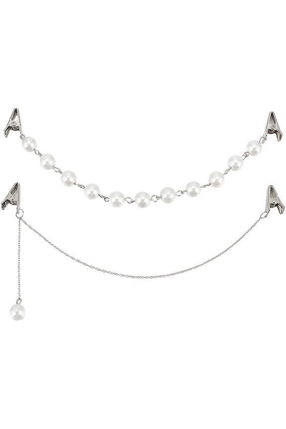 1set 2pcs 2 styles Plastic Pearl Beaded & Brass Chains Sweater Shawl Clips Iron Cardigan Collar Clasps for Women 210~220mm