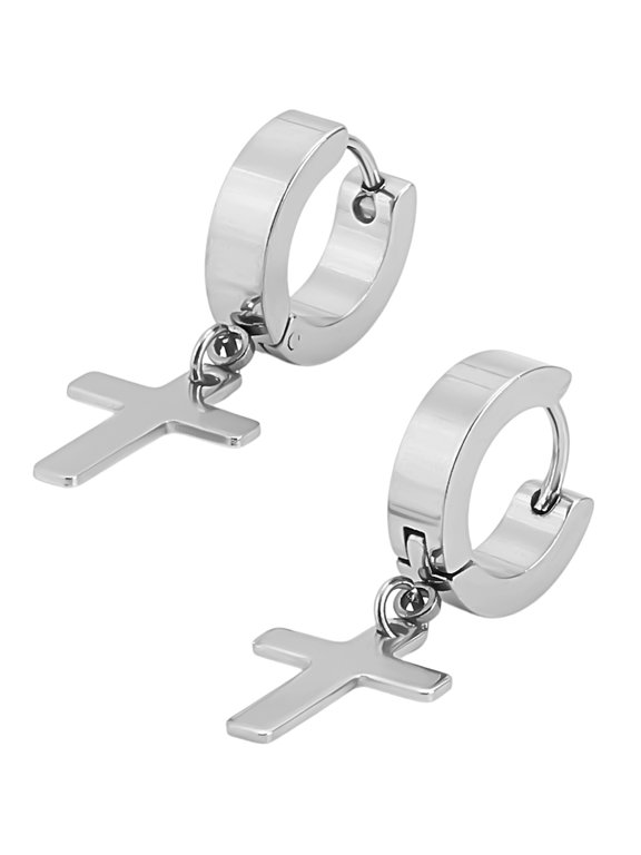 1set 2pcs 304 Stainless Steel Cross Hoop Earrings for Women Stainless Steel color 32mm Pin: 1mm