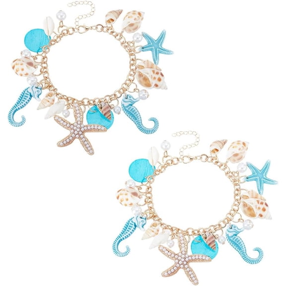 1set 2pcs Alloy Chain Charm Bracelets for Women with Shell and Resin Mxied Shapes Deep Sky Blue 8 inch(20.4cm)