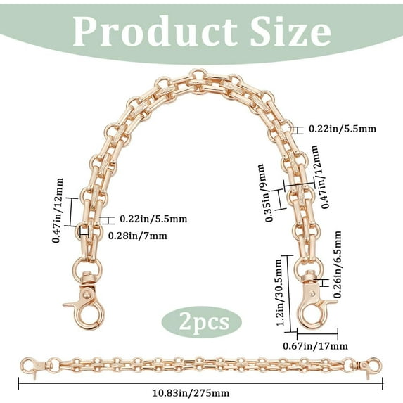 1set 2pcs Aluminum Chain bag Straps with Iron Replacement Handbag Decoration Bags Straps Light golden 275mm