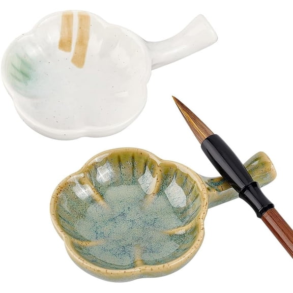 1set 2pcs Ceramic Ink Plate Porcelain Ink Dish with Handle Chinese Calligraphy Painting Brush Holder Paint Pallets Flower Shape Multifunctional Bowl for Calligraphy Painting Japanese Prints