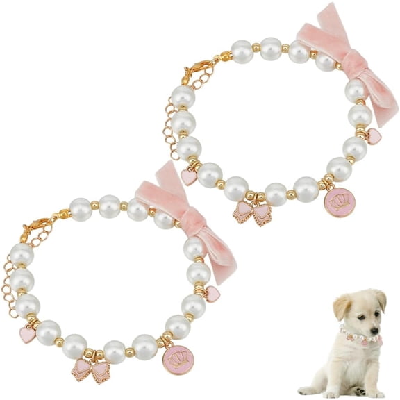 1set 2pcs Glass Pearl Beads & Iron Chain Pet Collar Crown & Bowknot Golden 230mm