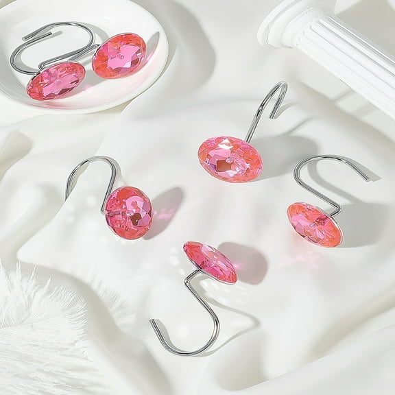 1set 2pcs Iron Shower Curtain Rings for Bathroom with Acrylic Rhinestone Deep Pink 60x35mm