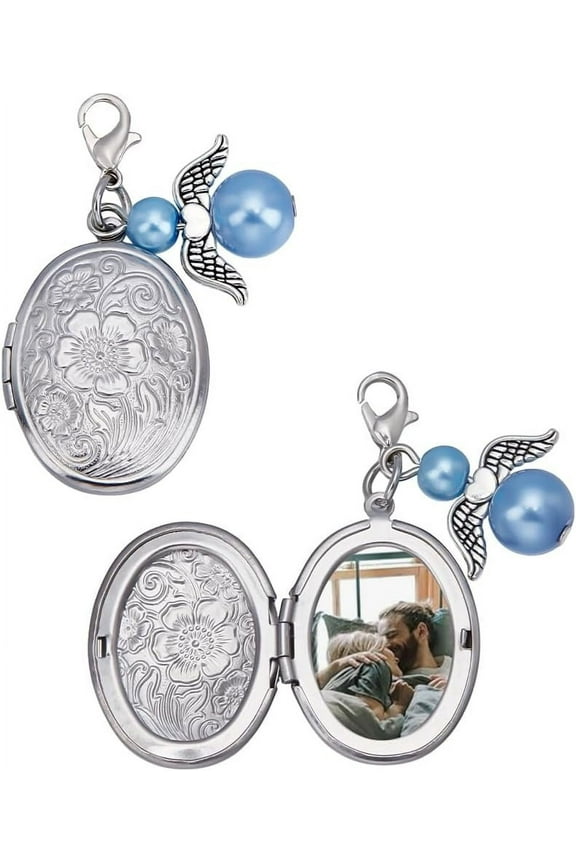 1set 2pcs Oval 316 Stainless Steel Locket Photo Angel Brass & Glass Pearl Bouquet Memory with Alloy Lobster Claw Clasps Stainless Steel color 48mm 2pcs/set