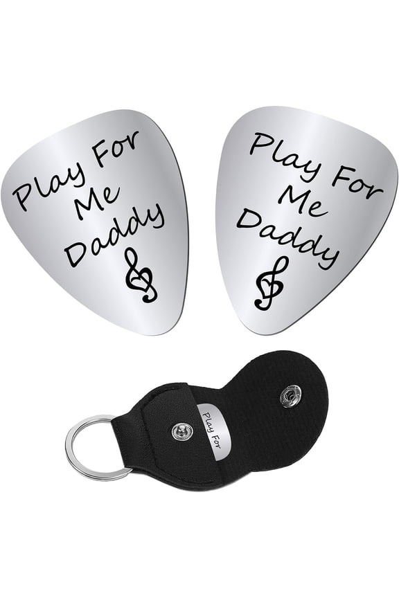1set 2pcs Play for Me Daddy Guitar Picks Stainless Steel Bass Acoustic Electric Rock Picks for Daddy Papa Musician Guitar Player Gifts with PU Leather Keychain 1.26 x 1 Inch