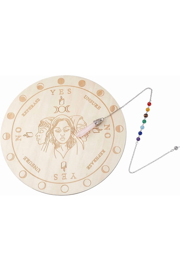 1set 2pcs Wooden Witch Pendulum Round Board 225mm Dowsing Planchette with Rose Quartz Big Pointed Pendant Home Ornaments Witchcraft Divination Tools for Spirit Altar Decoration