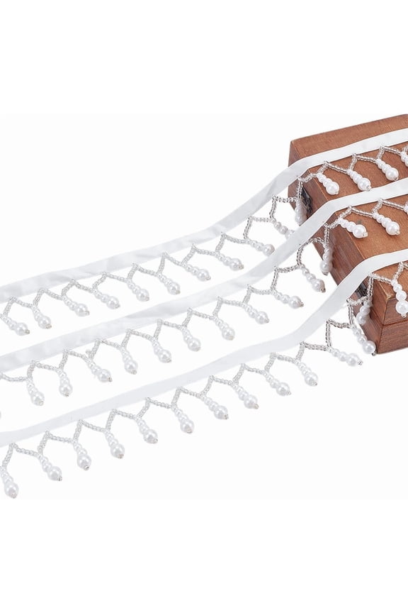 1set 3.3 Yards White Pearl Fringe Tassel Trim 45mm/1.8" Pearl Beaded Pendant Tassel Ribbon Sewing Fringe Trim with Pearls Bead for Garment Hat Curtain Tablecloth Sewing Wedding Bridal Decor White