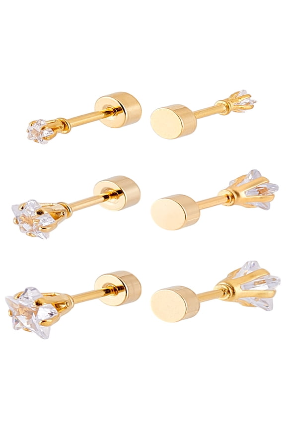 1set 3 Pairs 3 Sizes Star Glass Ear Fake Plugs 304 Stainless Steel Piercing Stud Screw Earrings for Women Golden Clear 3~6mm Pin: 1mm 1 pair/size