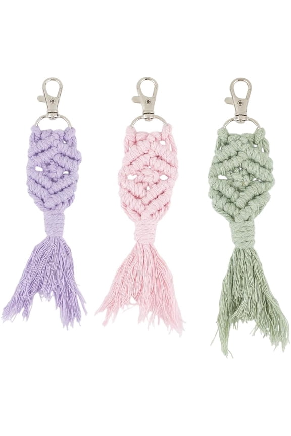 1set 3 Pcs Handmade Macrame Keychain 3 Colors Tail Pendant Keychain Boho Keyring Holder Macrame Tassel with Alloy Swivel Lobster Clasps for Car Key Purse Bag Charms colorful DIY