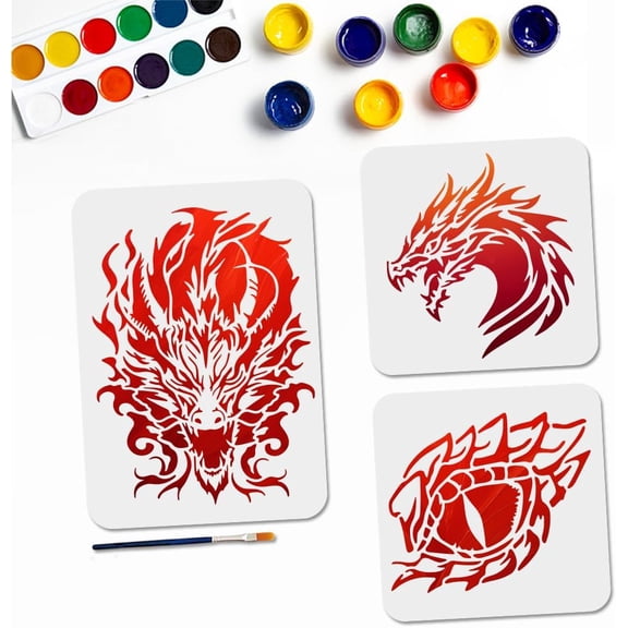 1set 3 pcs Dragon Stencils 11.7x8.3/7.8x7.8inch Dragon Head Stencil with Paint Brush Oriental Dragon Eye Reusable Template for Craft on Window Wood Wall Home Decor