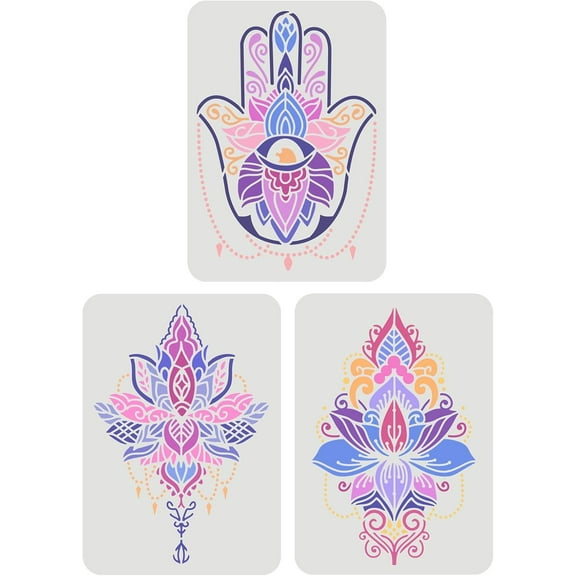 1set 3 pcs Hamsa Hand Stencils 11.7x8.3inch Reusable Mandala Sacred Lotus Flower Stencil Mandala Hand Drawing Stencil Stencil for Painting on Wall Canvas Furniture and Paper Blue