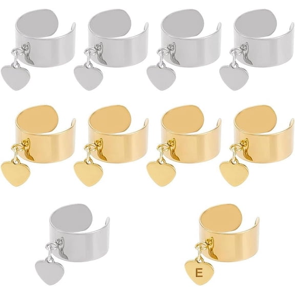 1set 304 Stainless Steel Open Cuff Finger Rings with 201 Stainless Steel Heart Mixed color Inner Diameter: 17~18mm