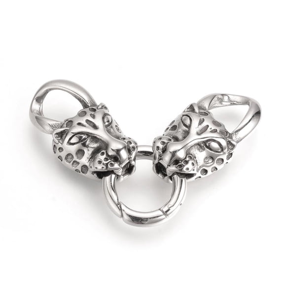1set 304 Stainless Steel Spring Gate Rings O Rings with Two Cord End Caps Leopard Head Silver 72x17x10.5mm