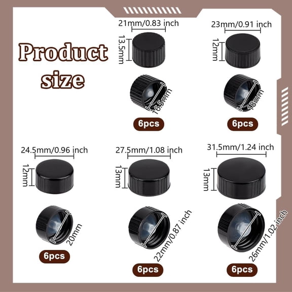 1set 30pcs 5 styles Resin Bottle Caps Column Black 23~27.5x12~13.5mm Inner Diameter: 16.5~26mm 6pcs/style