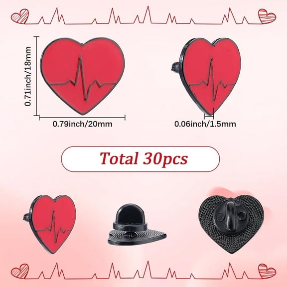 1set 30pcs Heart Enamel Pin Black Alloy Brooch for Valentine's Day Dark Red 18x20mm