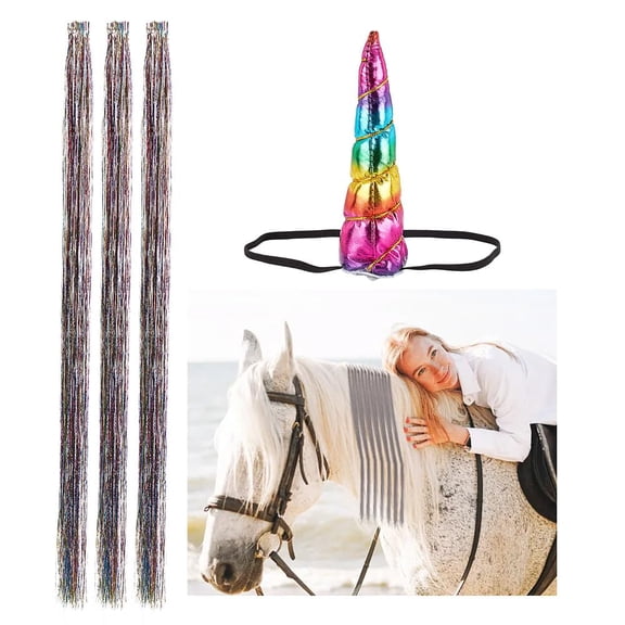 1set 30pcs Horse Glitter Hair Extensions Horse Bling Pony Hair Tinsel Horse Hair Ponytail Accessories Rainbow Tinsel with 1pc Fairy Horse Elastic Headband for Bride Parties Western Horse Lover
