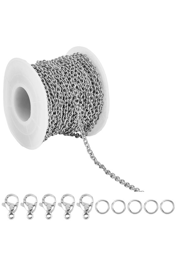 1set 32.8 Feet/10M 4x3mm Necklace Chain Roll Silver Cable Chain Necklace with Lobster Clasps and Jump Rings Stainless Steel Cable Satellite Chains for Jewelry Making Necklaces Bracelets Pendants