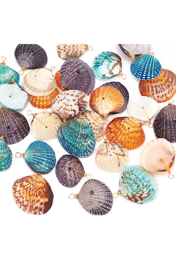 1set 32pcs 4 colors Dyed Natural Shell Pendants Light golden Plated Copper Wire Wrapped Shell Shaped Charms Mixed color 27~36x20~29x8~10mm Hole: 3mm 8pcs/color