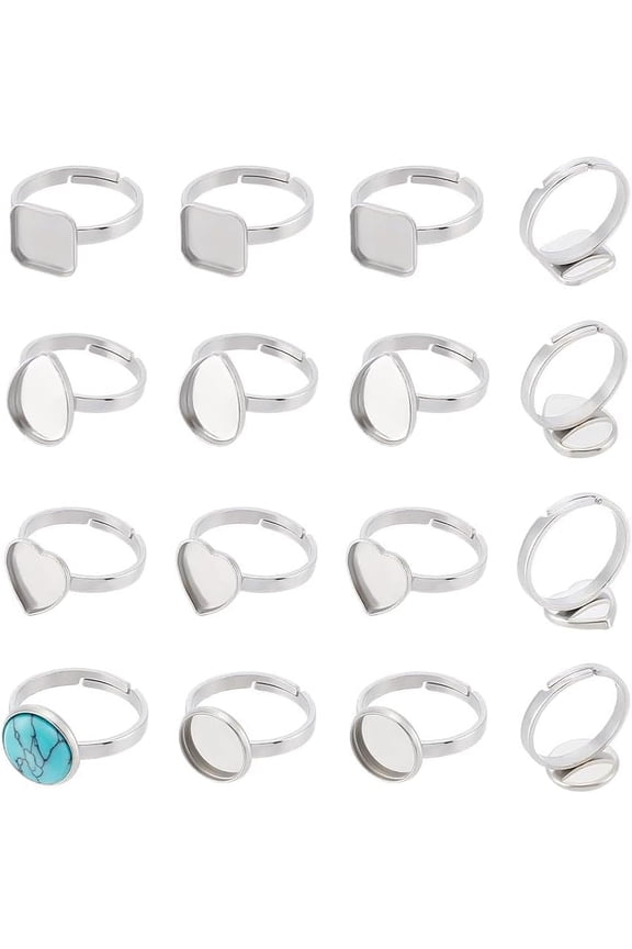 1set 32pcs 4 styles 304 Stainless Steel Adjustable Ring Components Bezel Cup Ring Settings Stainless Steel color Tray: 9~14x9~10mm Inner Diameter: 17mm 8pcs/style