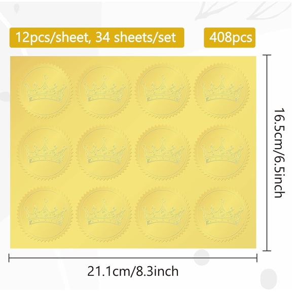 1set 34 Sheets Self Adhesive golden Foil Embossed Stickers Round Dot Medal Decoration Sticker for Envelope Card Seal Crown Size: about 165x211mm Stickers: 50mm 12pcs/sheet 34 sheets/set