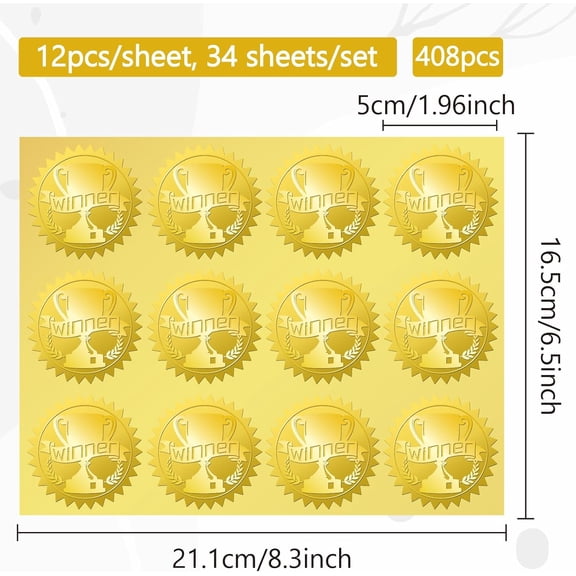 1set 34 Sheets Self Adhesive golden Foil Embossed Stickers Round Dot Medal Decorative Decals for Envelope Card Seal Word Winner Trophy 165x211mm Stickers: 50mm 12pcs/sheet