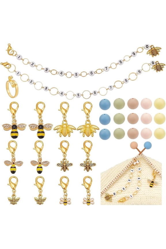 1set 35 Pcs Knitting Accessories Kit Including 12Pcs Bee Stitch Markers 2Pcs Knitting Row Counter Chains 20 Pcs Knitting Needle Stoppers 1Pc Yarn Guide Finger Ring for DIY Knitting