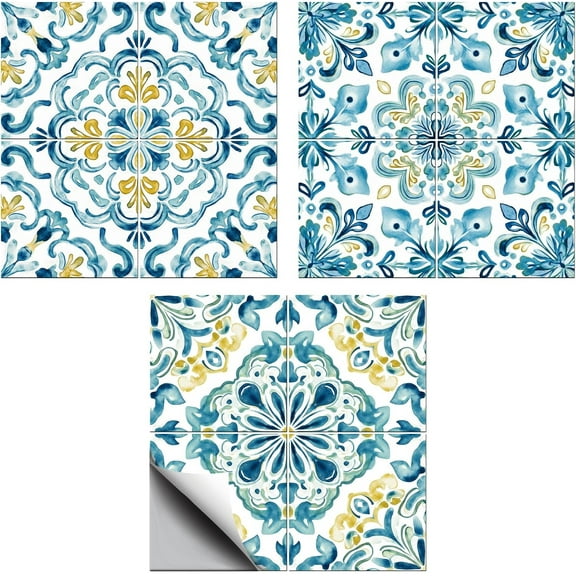 1set 36 Pcs 3 Styles Blue Cyan Mandala Peel and Stick Wallpaper Stick on Wallpaper Self Adhesive Tile Stickers Used for Kitchen Bathroom Bedroom Wall Fireplace and Floor Decoration 3.9x3.9 Inch Cyan