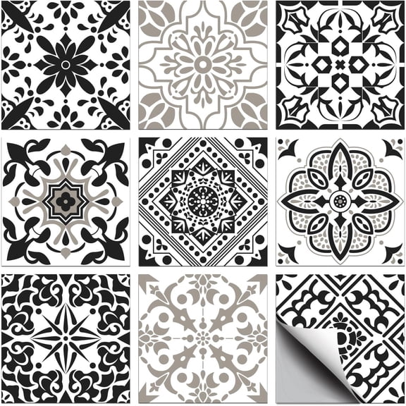 1set 36 Pcs 9 Style Tile Sticker Moroccan Style Peel and Stick Wall Stickers Geometric Black and Beige Flowers Waterproof Self Adhesive Stick on Tile Decals for Bathroom Wall Art Decor 44 Inch Black