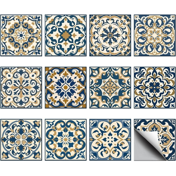 1set 36Pcs 12Styles Moroccan Mandala Wall Tile Decals Peel and Stick Tile Stickers Waterproof Self-Adhesive Backsplash Stickers for Kitchen Bathroom Decoration 4x4Inch Coffee