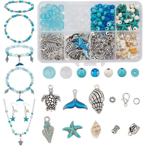 1set 375Pcs Ocean Themed Jewerly Making Finding Kits Starfish Shell Beads Turtle Spiral Shell Charms for Summer Beach Necklace Bracelet Anklet Jewelry Making DIY Craft Accessory Colorful DIY