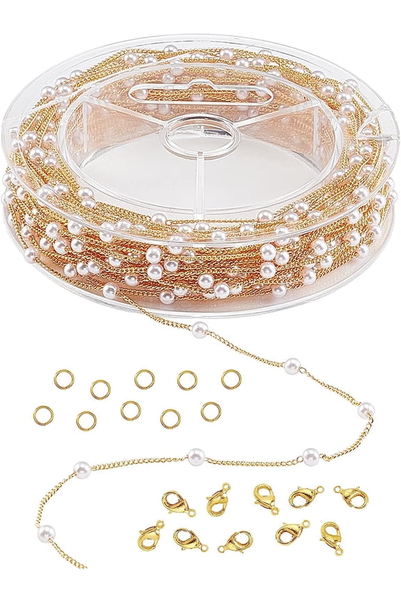 1set 39.4 Feet Imitation Pearl Beading Chain Roll Copper Necklace Chain Bulk with Spool for Craft DIY Bracelet Necklace Jewelry Making