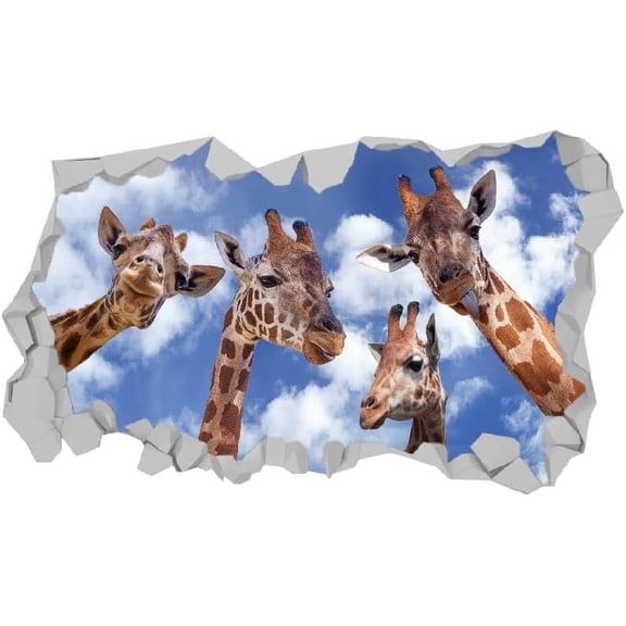 1set 3D Break Giraffes Wall Sticker Giraffes Head Under Sky Wall Decal Vinyl Art Mural Animal Creative Peel and Stick