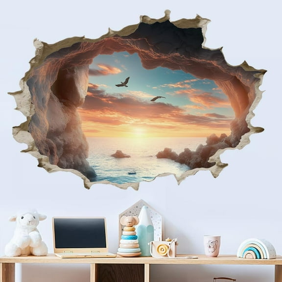 1set 3D Cave by The Sea Wall Stickers 3D Broken Wall Decal Cave Seascape Peel and Stick Vinyl Art Decor Seaside Mural for Bedroom Living Room Nursery Bathroom Housewarming Gift Colorful