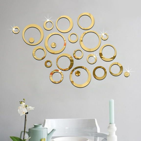 1set 3D Circles Mirror Wall Sticker, DIY Decorative Vinyl Mural Home Decor, Removable Acrylic Mirror Stickers for Living Room Bedroom TV Wall, Gold