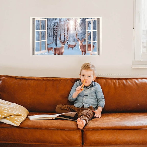 1set 3D Window Scenery Wall Stickers Winter Snow Wall Decals Elk Forest Sticker Natural Scenery Art Stickes Vinyl Peel and Stick