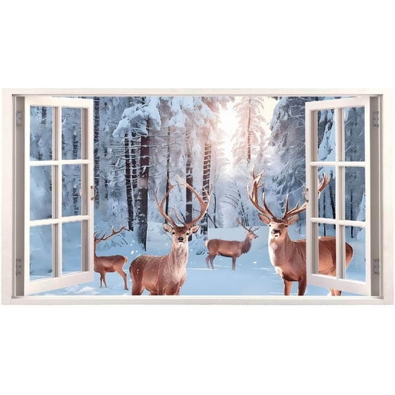 1set 3D Window Scenery Wall Stickers Winter Snow Wall Decals Elk Forest Wall Sticker Natural Scenery Wall Art Stickes Vinyl Peel and Stick