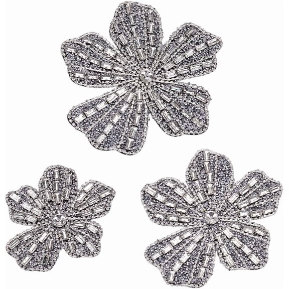 1set 3PCS Beaded Flower Rhinestone Applique 3 Styles Sew On Grey Felt Rhinestone Embroidery Floral Shape Applique Patches Flowers Embellishment for DIY Craft Clothes Dress Costume Decoration Gray