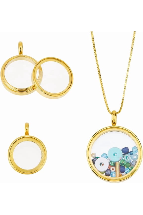 1set 3Pcs 3 Sizes Round Locket Pendant Stainless Steel Memory Locket Charms Clear Picture Frame Charm Floating Charm Glass Living Bouquet Charms for Women Men Necklace Gold DIY
