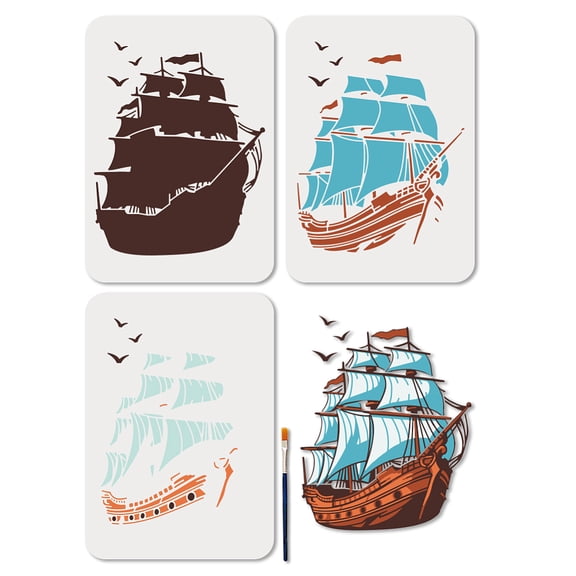 1set 3Pcs 3 Styles Ocean Theme PET Hollow Out Drawing Painting Stencils for DIY Scrapbook Photo Album Wave Sailboat 210x297mm 3pcs/set