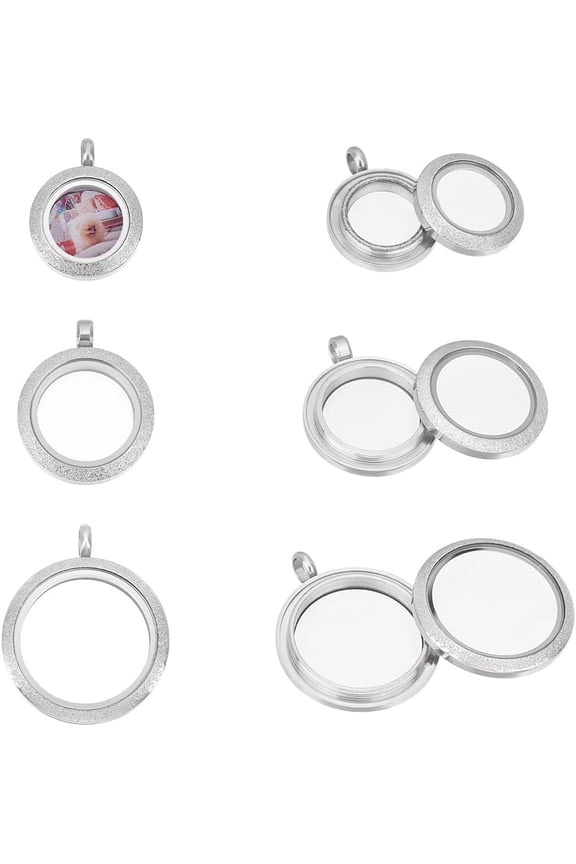 1set 3Pcs 3 Styles Stainless Steel Flat Round Floating Locket Pendants Photo Frame Charms Metal Pendants Living Memory Photo Pendant with Glass Cabochons for DIY Memorial Necklace Jewelry