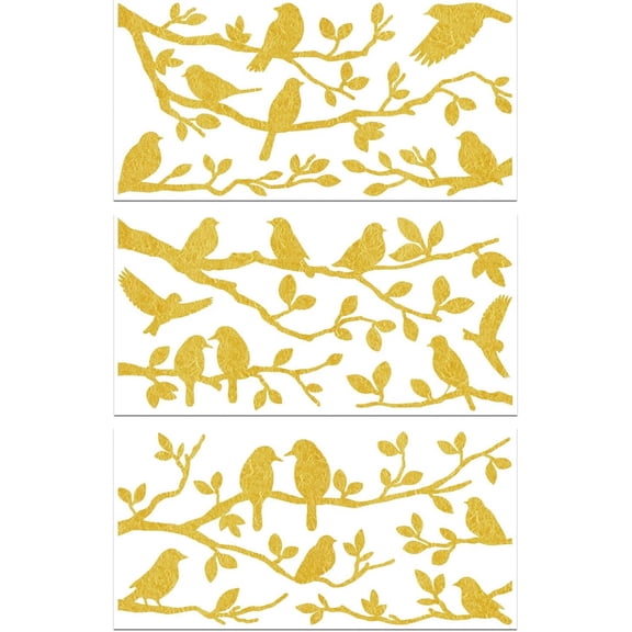 1set 3Pcs Golden Birds and Branches Silhouette Furniture Transfer 6x12inch Rub on Transfer Self-Adhesive Wall Art Decals for Bedroom Living Room Desk Table Decoration