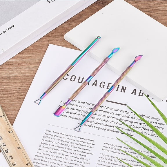1set 3pcs 3 style Double Head 430 Stainless Steel Cuticle Pusher Hard Skin Remover Rainbow color 12.3~13.5x0.7~0.8x0.5cm