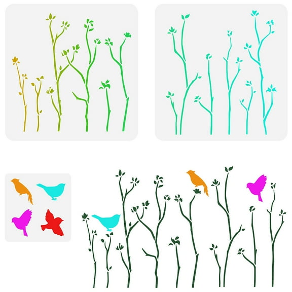 1set 3pcs 3 styles Spring Theme PET Hollow Out Drawing Painting Stencils for Scrapbook Photo Album Tree & Bird Pattern Spring Theme Pattern 150~300x150~300mm 1pc/style