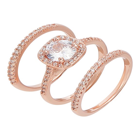 1set 3pcs Brass Micro Pave Cubic Zirconia Rings for Women Rose golden Inner Diameter: 18~18.1mm