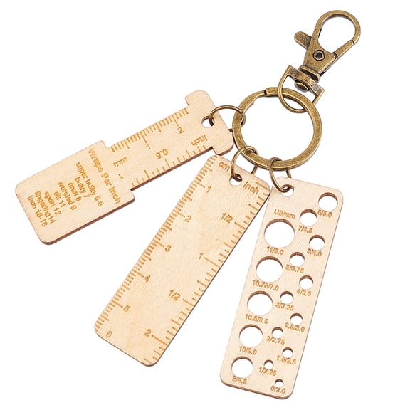 1set 3pcs Mini Wooden Gauge Keychains Knitting Needle Gauge Yarn Wrap Guide Board Multifunctional Ruler with Alloy Clasp for Crochet DIY Sewing