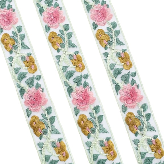 1set 4.9~5 Yards Polyester Embroidery Organza Flower Trim Ribbon for Costume Decoration Pink 2 inch(50mm)